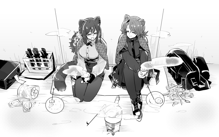 2girls :d absinthe_(arknights) against_wall animal_ears arknights bag bag_of_chips bear_ears bear_girl blanket breasts briefcase closed_eyes closed_mouth collared_shirt cooking_pot cup drink duffel_bag fondue full_body gloves greyscale holding holding_cup holding_drink iwashi_80 jacket knees_up knife long_sleeves looking_at_another monochrome multiple_girls necktie open_mouth pantyhose plate raccoon_ears raccoon_tail robin_(arknights) shirt shoes short_hair shorts sitting skirt smile sneakers steam tail twig wrapper