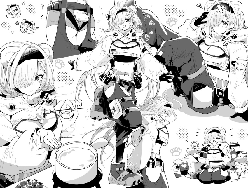 1girl :d ? animal_ears arknights ass aurora_(arknights) bandaid bandaid_on_head bear_ears bear_girl bear_tail belt_pouch breasts candy cherry_tomato cleavage cleavage_cutout closed_eyes clothing_cutout cooking_pot crop_top crossed_bandaids fondue_au_fromage food fork full_body gloves hair_over_one_eye hairband holding holding_food holding_fork inset iwashi_80 jacket lollipop long_sleeves midriff multiple_views navel notice_lines paw_print paw_shoes pocky pouch shorts single_tear sitting smile standing standing_on_one_leg swirl swirl_lollipop tail thigh_pouch tomato upper_body wariza zipper