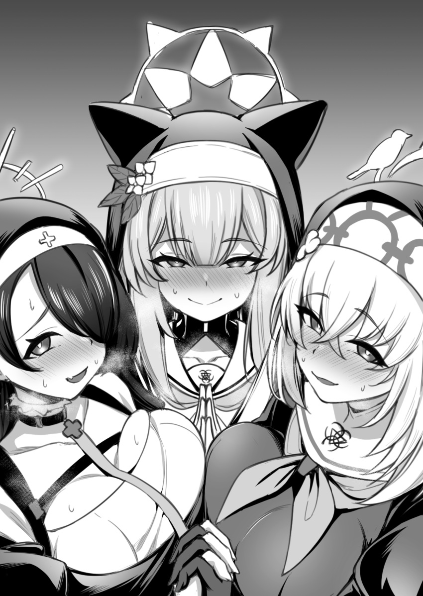 3girls animal_ear_headwear blue_archive blush breasts closed_mouth coif flower gloves gradient_background greyscale habit hair_over_one_eye halo hanuma_hanma hat hat_flower highres hinata_(blue_archive) large_breasts long_hair long_sleeves looking_at_viewer mari_(blue_archive) monochrome multiple_girls nun open_mouth sakurako_(blue_archive) smile