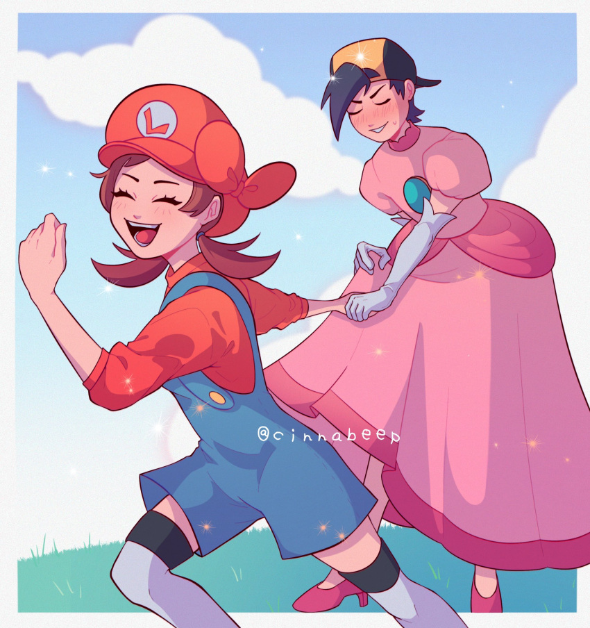 1boy 1girl backwards_hat baseball_cap black_hair blue_overalls blue_sky blush brown_hair cinnabeep cosplay crossdressing dress elbow_gloves embarrassed ethan_(pokemon) gloves grass hat highres holding_hands lyra_(pokemon) mario mario_(cosplay) mario_(series) overalls pink_dress pokemon pokemon_hgss princess_peach princess_peach_(cosplay) red_headwear sky sparkle thighhighs white_gloves