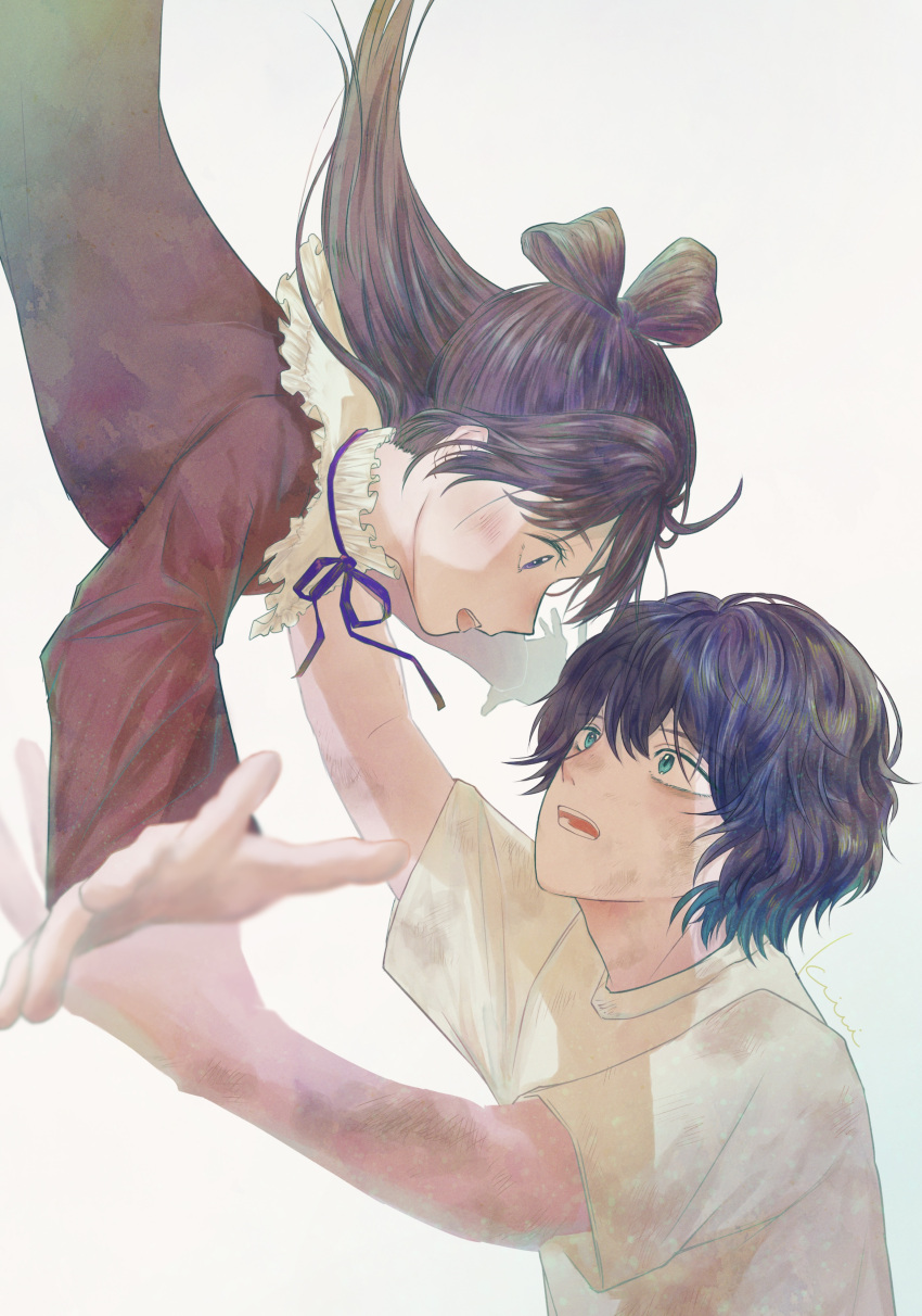 1boy 1girl :d absurdres black_hair blue_eyes brown_dress dress eye_contact falling highres kiminohatake long_hair looking_at_another magami_keigo miyao_nemu purple_ribbon ribbon shirt simple_background smile white_background white_shirt witch_watch