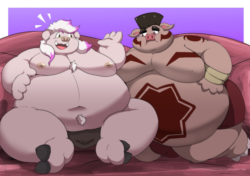 2024 anthro belly big_belly bulge clothing domestic_pig duo hat headgear headwear hi_res kemono kusosensei male mammal moobs navel nipples obese obese_male overweight overweight_male sitting suid suina sus_(pig) underwear