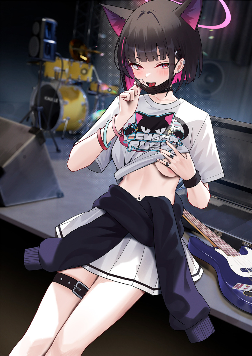 1girl animal_ears areola_slip black_choker black_hair black_jacket black_mask blue_archive blush breasts cat_ears choker cirilla_lin colored_inner_hair drum electric_guitar extra_ears fang feet_out_of_frame fingernails guitar hair_ornament hairclip halo highres instrument jacket kazusa_(band)_(blue_archive) kazusa_(blue_archive) mask medium_breasts mouth_mask multicolored_hair official_alternate_costume open_mouth piercing pink_hair pink_halo pleated_skirt red_eyes shirt short_hair short_sleeves skin_fang skirt solo surgical_mask tongue tongue_piercing white_shirt white_skirt