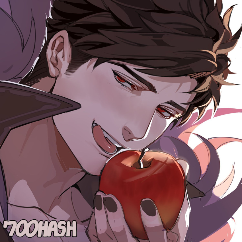 1boy 700hash apple artist_name belial_(granblue_fantasy) black_hair black_jacket feather_boa food fruit granblue_fantasy highres holding holding_food holding_fruit jacket male_focus open_mouth red_apple red_eyes short_hair solo tongue tongue_out