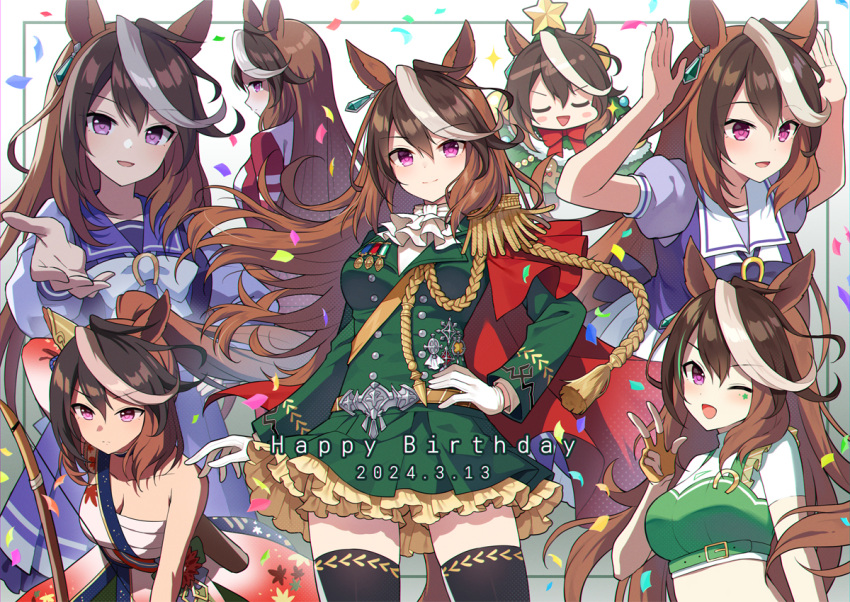 1girl :d animal_ears arms_up black_thighhighs blue_shirt blush_stickers bow_(weapon) breasts brown_hair chibi christmas_tree_costume cleavage closed_eyes closed_mouth collarbone commentary_request confetti crop_top dated epaulettes fingerless_gloves frilled_skirt frills gloves green_jacket green_skirt hadanugi_dousa hair_between_eyes hand_on_own_hip hand_up happy_birthday horse_ears horse_girl horse_tail jacket long_sleeves mauve medium_breasts multicolored_hair multiple_views one_eye_closed pleated_skirt purple_eyes red_jacket sarashi school_uniform shirt simple_background single_epaulette skirt smile star_(symbol) streaked_hair symboli_rudolf_(archer_of_the_white_moon)_(umamusume) symboli_rudolf_(christmas_emperor_tree)_(umamusume) symboli_rudolf_(umamusume) tail thighhighs tracen_school_uniform tracen_training_uniform track_jacket two-tone_hair umamusume umayuru w weapon white_background white_gloves white_hair white_skirt yellow_gloves