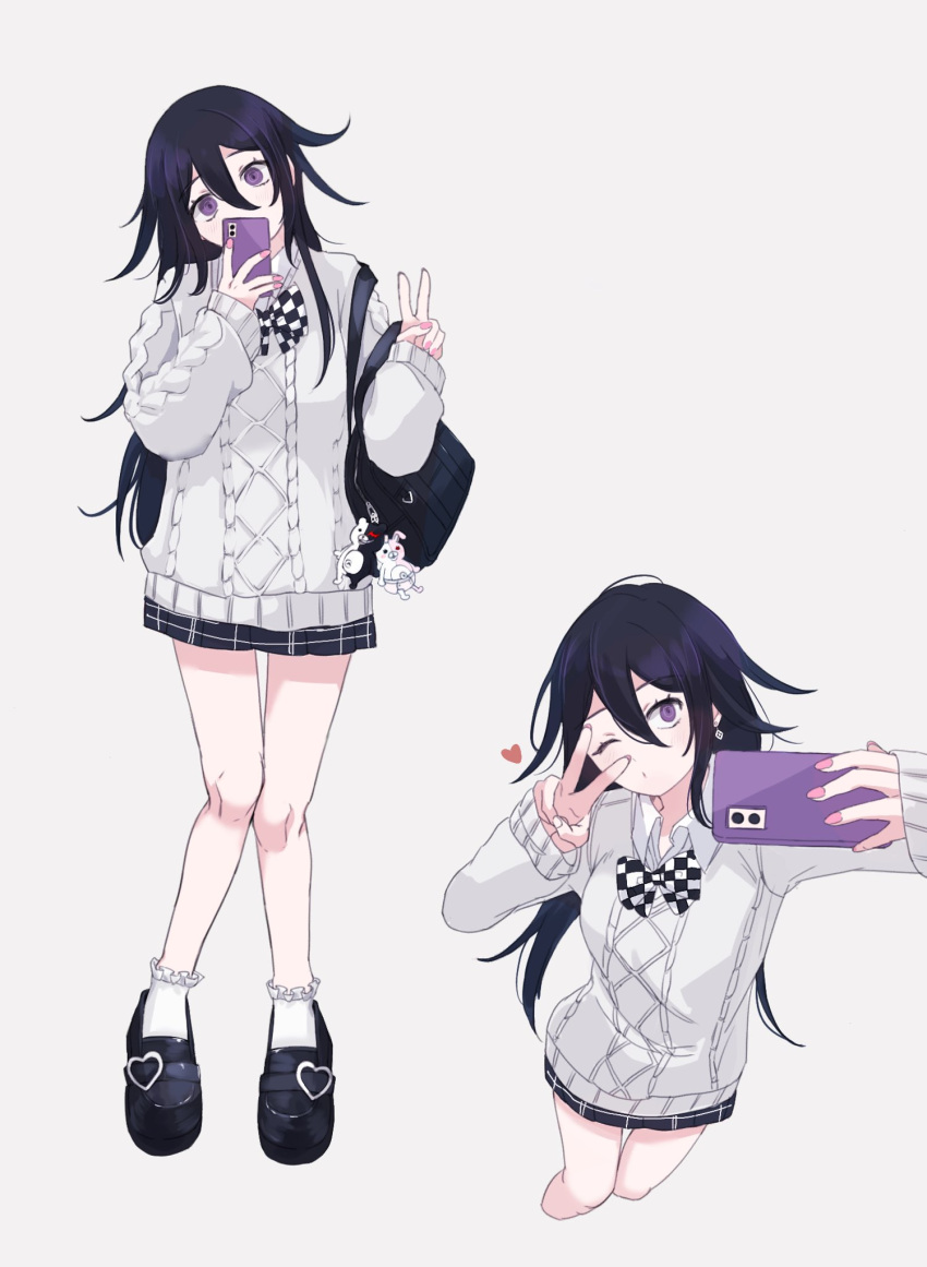 1girl bag black_bag black_footwear black_hair bow bowtie checkered_bow checkered_bowtie checkered_clothes danganronpa_(series) danganronpa_v3:_killing_harmony earrings flipped_hair frilled_socks frills full_body genderswap genderswap_(mtf) hair_between_eyes heart highres holding holding_phone jewelry knees_together_feet_apart long_hair long_sleeves looking_at_viewer monokuma no? oma_kokichi one_eye_closed phone pink_nails plaid plaid_skirt purple_eyes ribbed_sweater selfie shoulder_bag simple_background skirt smile socks solo standing sweater v v_over_eye white_background white_socks wide-eyed