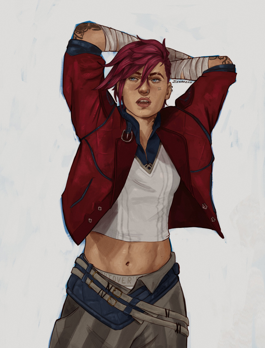 1girl absurdres arcane:_league_of_legends arcane_vi arm_tattoo arms_behind_head bandaged_arm bandages belt blue_eyes evanezco99 grey_pants highres jacket league_of_legends long_sleeves midriff navel nose_piercing open_mouth pants piercing red_hair red_jacket roman_numeral shirt simple_background solo striped_clothes striped_pants tattoo twitter_username upper_body vi_(league_of_legends) white_background white_shirt