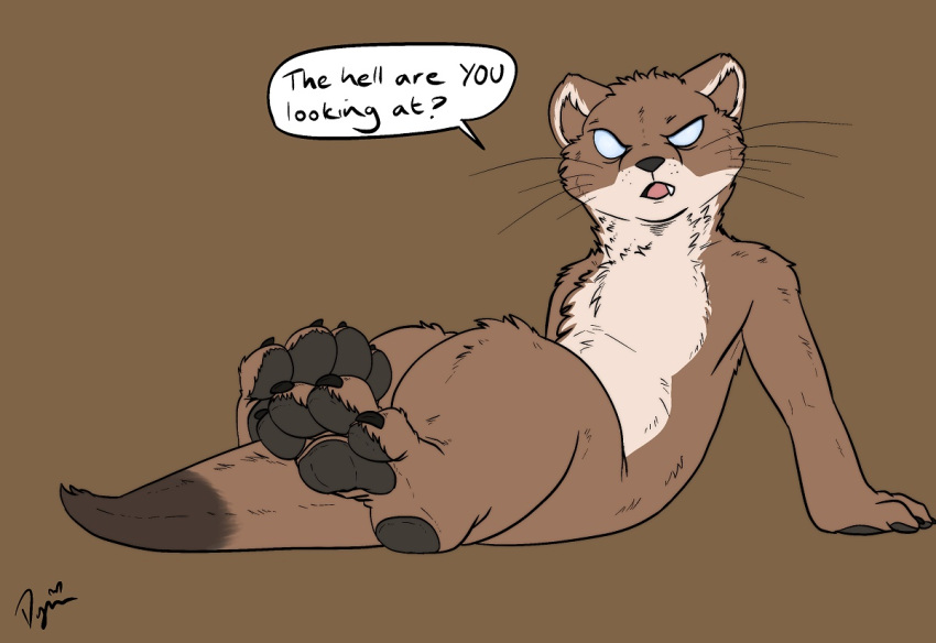 anthro brown_body brown_fur claws dylbun english_text feet foot_focus fur glowing glowing_eyes inscryption male mammal mustela mustelid musteline pawpads question_to_viewer questioning solo stoat stoat_(inscryption) text true_musteline