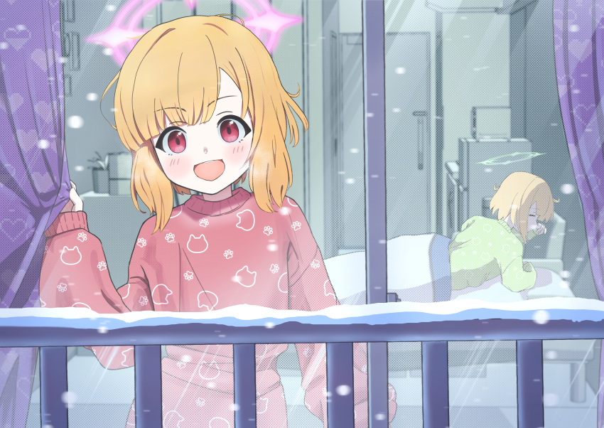 2girls :d absurdres animal_print bed blonde_hair blue_archive blue_halo blush breath cat_print curtain_grab curtains glass_door halo heart highres indoors keke_(user_djyu7823) looking_outside lying midori_(blue_archive) momoi_(blue_archive) multiple_girls pajamas pink_halo print_pajamas purple_eyes railing sliding_doors smile snow snowing waking_up