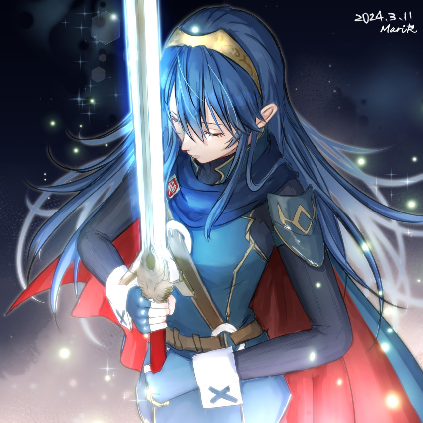 1girl absurdres blue_gloves cape closed_eyes closed_mouth dated eva02asuka0608 eyelashes falchion_(fire_emblem) fingerless_gloves fire_emblem fire_emblem_awakening gloves glowing glowing_sword glowing_weapon hair_between_eyes highres holding holding_sword holding_weapon long_hair long_sleeves lucina_(fire_emblem) solo sword tiara weapon