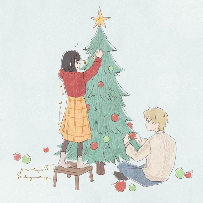 1boy 1girl black_socks blonde_hair christmas_lights christmas_tree decorating highres iwakura_mitsumi medium_hair odette_px ornament red_sweater shima_sousuke sitting skip_to_loafer skirt socks sweater white_background yellow_skirt