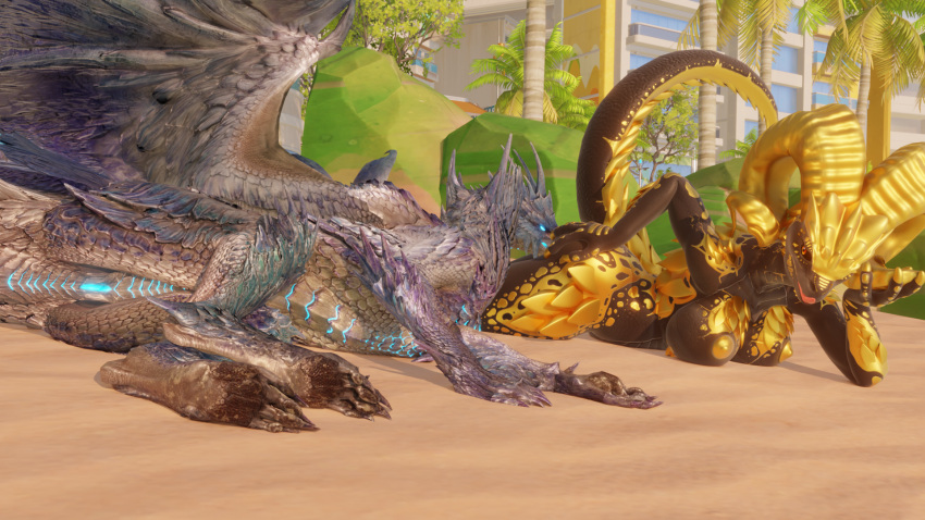 anthro anthro_on_feral beach bestiality breasts capcom cunnilingus curling_tail dragon duo elder_dragon female female/female feral furromantic genitals hand_on_butt hi_res kulve_(furromantic) kulve_taroth licking licking_lips licking_own_lips looking_at_another looking_at_genitalia looking_at_partner lying lying_on_breasts monster_hunter mythological_creature mythological_scalie mythology nude on_front on_side oral outside paws pussy scalie sex tail tongue tongue_out vaginal velkhana void_dragon216 wings
