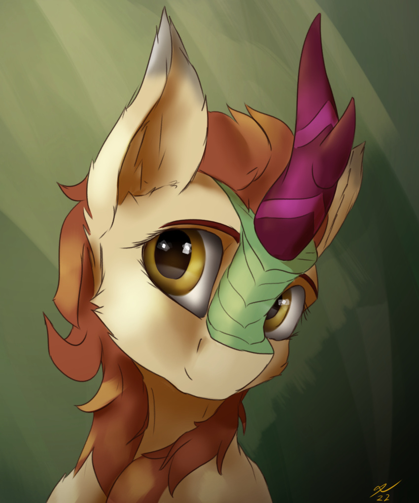 2022 5:6 asian_mythology autumn_blaze_(mlp) chinese_mythology east_asian_mythology eyebrows female feral friendship_is_magic fur green_body green_scales hasbro hi_res horn kirin mane my_little_pony mythology orange_mane scales signature solo tan_body tan_fur tenebrisnoctus yellow_eyes