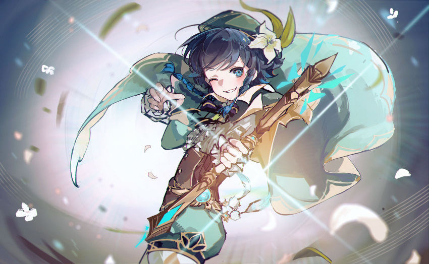 1boy anemo_symbol_(genshin_impact) beret black_hair blue_eyes blue_hair blush bow_(weapon) braid brown_corset cape corset dokex_xx falling_petals flower frilled_shirt frills genshin_impact green_cape green_headwear hair_flower hair_ornament hat highres holding holding_bow_(weapon) holding_weapon lens_flare looking_at_viewer male_focus medium_hair one_eye_closed pantyhose petals shirt short_shorts shorts smile solo swept_bangs teeth twin_braids venti_(genshin_impact) vision_(genshin_impact) weapon white_pantyhose white_shirt