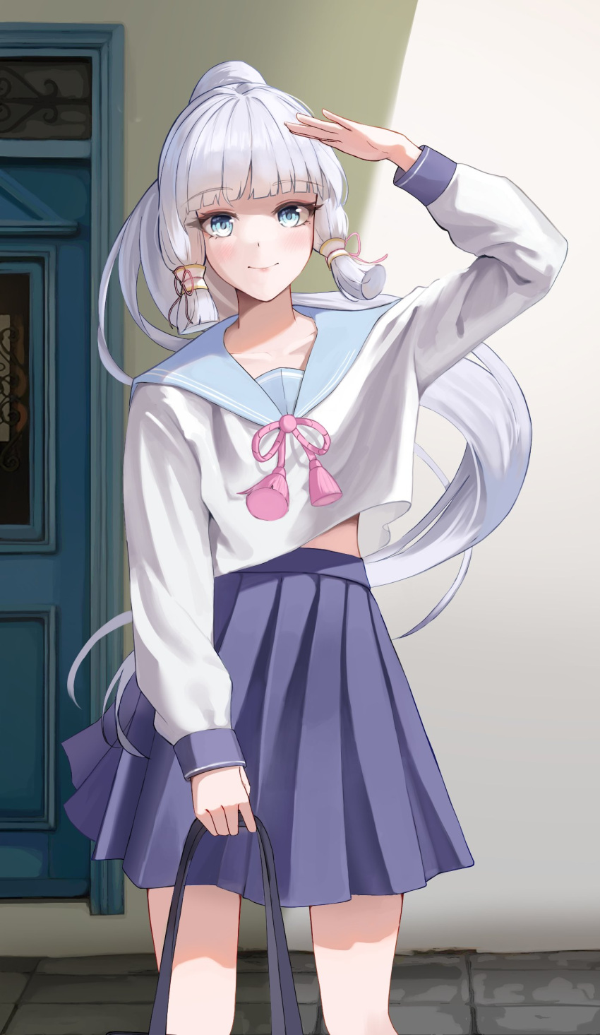 1girl absurdres bag blue_eyes blue_sailor_collar blue_skirt blunt_bangs blunt_tresses closed_mouth collarbone cowboy_shot day door floating_hair genshin_impact high-waist_skirt high_ponytail highres holding holding_bag kamisato_ayaka kamisato_ayaka_(heytea) legs_apart long_hair long_sleeves looking_at_viewer midriff_peek neck_ribbon outdoors pink_ribbon pleated_skirt ribbon sailor_collar school_bag school_uniform serafuku shading_eyes shadow shirt shirt_overhang skirt sleeve_cuffs smile solo tile_floor tiles very_long_hair white_hair white_shirt yururu6930