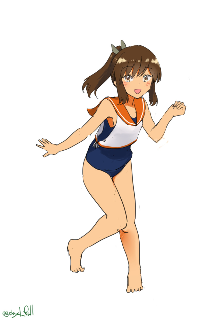 1girl absurdres barefoot blue_one-piece_swimsuit brown_eyes brown_hair full_body hair_ornament highres i-401_(kancolle) kantai_collection medium_hair old_school_swimsuit one-hour_drawing_challenge one-piece_swimsuit orange_sailor_collar ponytail robinson_(day_l_full) sailor_collar sailor_shirt school_swimsuit shirt side-tie_shirt simple_background sleeveless sleeveless_shirt solo standing swimsuit swimsuit_under_clothes tan white_background