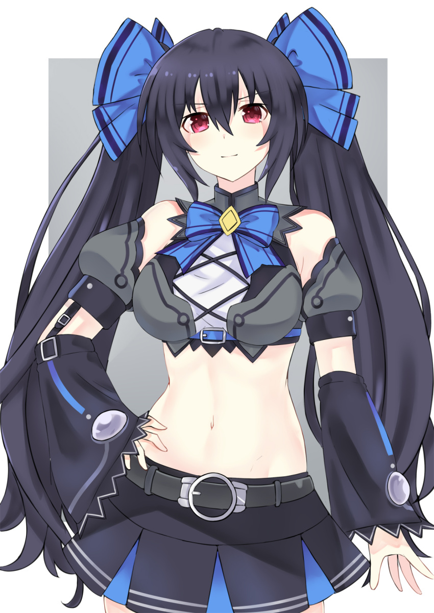 1girl bare_shoulders black_hair bow bowtie breasts crop_top cross-laced_clothes detached_sleeves hair_between_eyes hair_bow hand_on_hip highres kami_jigen_game_neptune_v long_hair looking_at_viewer medium_breasts navel neptune_(series) noire_(neptune_series) paid_reward_available pleated_skirt puffy_sleeves red_eyes serious skirt sleeves_past_wrists twintails very_long_hair wide_sleeves zatsu