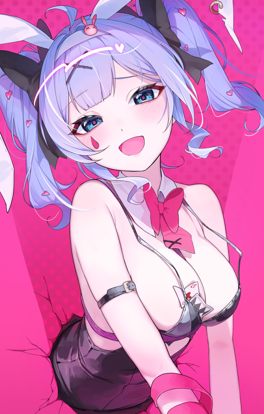 1girl :d absurdres animal_ears arm_ribbon arm_strap black_leotard blue_eyes blue_hair bow bowtie breasts cleavage clothing_cutout commentary_request crack cracked_wall detached_collar fake_animal_ears hair_ornament hatsune_miku heart_cutout highres leotard long_hair looking_at_viewer open_mouth pink_bow pink_bowtie pink_pupils pink_ribbon playboy_bunny rabbit_ears rabbit_hole_(vocaloid) ribbon smile solo stomach_cutout teardrop_facial_mark through_wall twintails uohara_shinji upper_body vocaloid x_hair_ornament