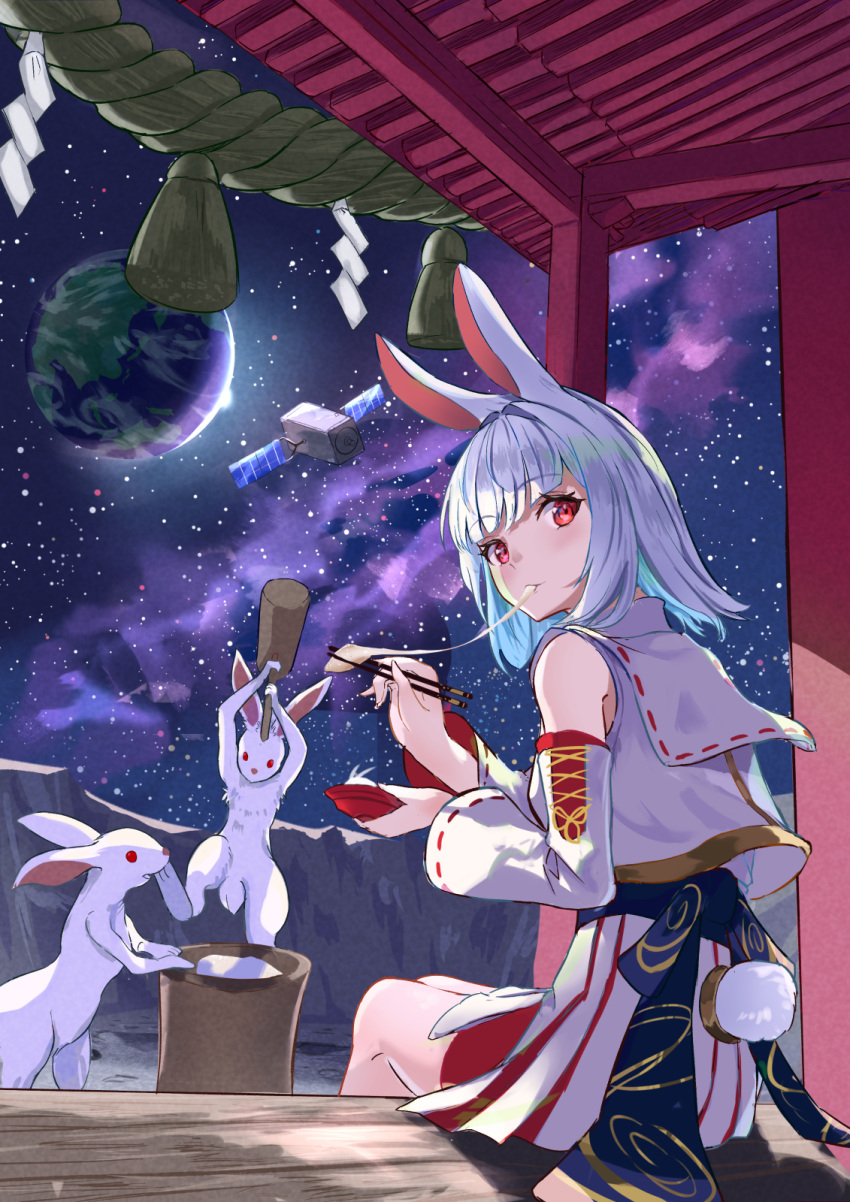 1girl animal_ears blue_hair blunt_bangs chinese_zodiac chopsticks commentary detached_sleeves earth_(planet) eating food highres holding holding_chopsticks japanese_clothes kine long_sleeves looking_back mallet medium_hair mochi obi on_moon oramustat original planet pleated_skirt rabbit rabbit_ears rabbit_girl rabbit_tail red_eyes sash shrine sitting skirt sleeveless solo tail tail_through_clothes year_of_the_rabbit