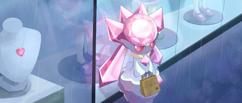 1girl animal_ears bag black_skin colored_sclera colored_skin commentary_request diancie display flat_chest gem heart heart_necklace highres holding holding_bag long_hair looking_back mannequin open_mouth outdoors paper_bag pink_eyes pink_gemstone pink_hair pokemon pokemon_(creature) rain red_gemstone red_sclera reflection seki_(seki) shopping_bag solo twintails