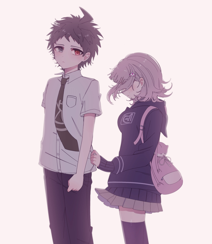 1boy 1girl absurdres ahoge animal_bag backpack bag black_jacket black_pants black_thighhighs breast_pocket brown_hair brown_skirt cat_bag chi_gu clothes_pull collared_shirt danganronpa_(series) danganronpa_2:_goodbye_despair dress_shirt flipped_hair from_side galaga green_necktie grey_eyes hair_ornament heterochromia highres hinata_hajime jacket medium_hair miniskirt nanami_chiaki necktie pants pink_bag pleated_skirt pocket profile red_eyes shirt shirt_pull simple_background skirt thighhighs white_background zettai_ryouiki