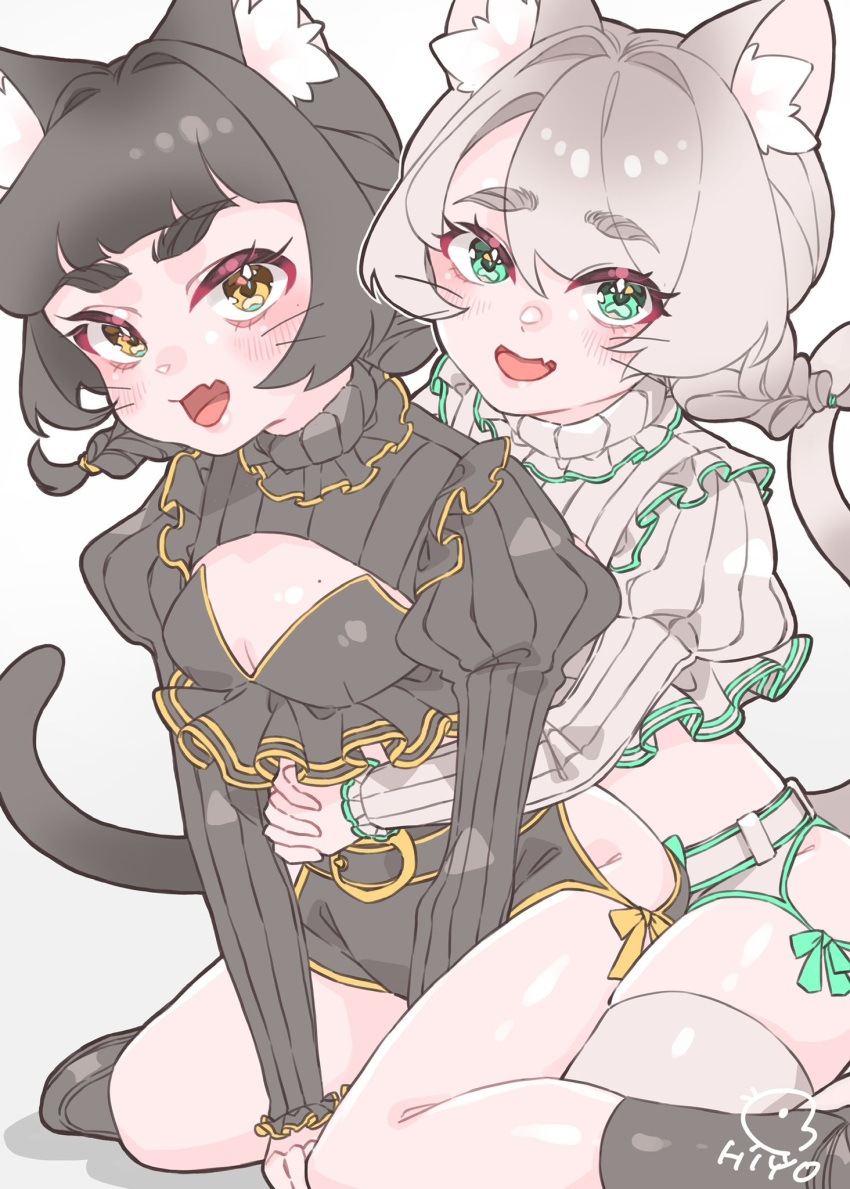 2girls :d animal_ear_fluff animal_ears black_hair black_shorts blush braid breasts cat_day cat_ears cat_girl cat_tail cleavage cleavage_cutout clothing_cutout fang frills green_eyes grey_hair highres hiyo_5353 hug hug_from_behind long_sleeves looking_at_viewer mole mole_on_breast multiple_girls open_mouth original puffy_sleeves shorts simple_background sitting skin_fang small_breasts smile tail thick_eyebrows thighhighs twin_braids wariza white_background yellow_eyes yuri