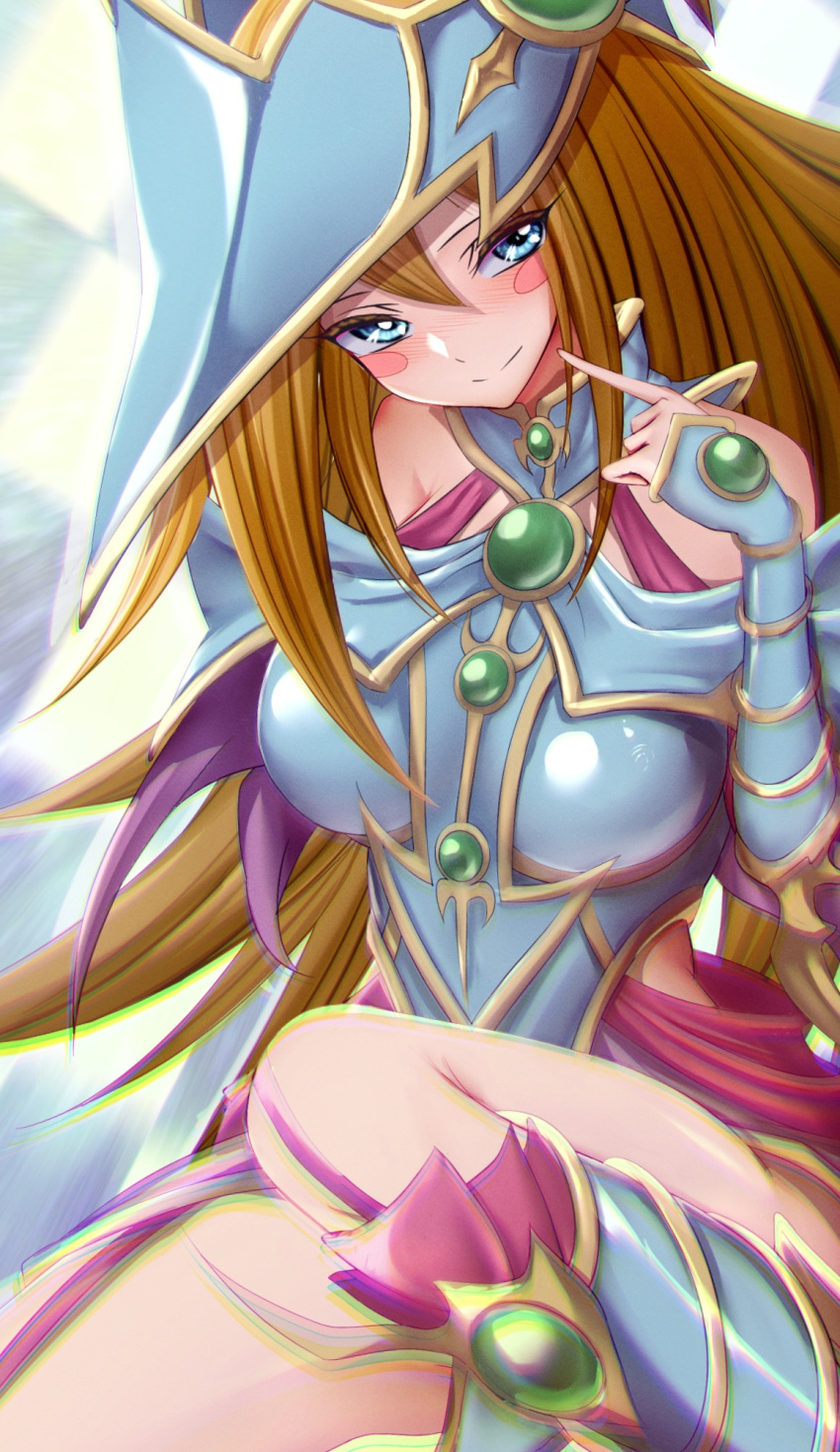 1girl bare_shoulders blonde_hair blue_eyes blush blush_stickers boots breasts duel_monster hair_between_eyes hat highres large_breasts long_hair looking_at_viewer magician's_valkyria othellonia_teru smile solo wizard_hat yu-gi-oh! yu-gi-oh!_duel_monsters
