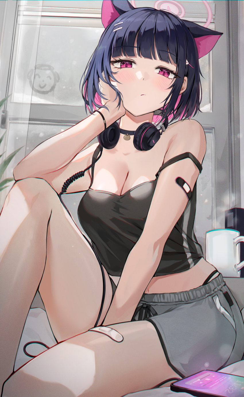 1girl absurdres animal_ears bandaid_on_thigh black_hair blue_archive blush breasts cat_ears cat_girl cleavage closed_mouth colored_inner_hair commentary_request cup doodle_sensei_(blue_archive) extra_ears grey_shorts halo headphones headphones_around_neck highres kazusa_(blue_archive) looking_at_viewer luzzi_(milllim) medium_breasts multicolored_hair pink_eyes pink_hair pink_halo revision sensei_(blue_archive) short_hair shorts solo thighs two-tone_hair window