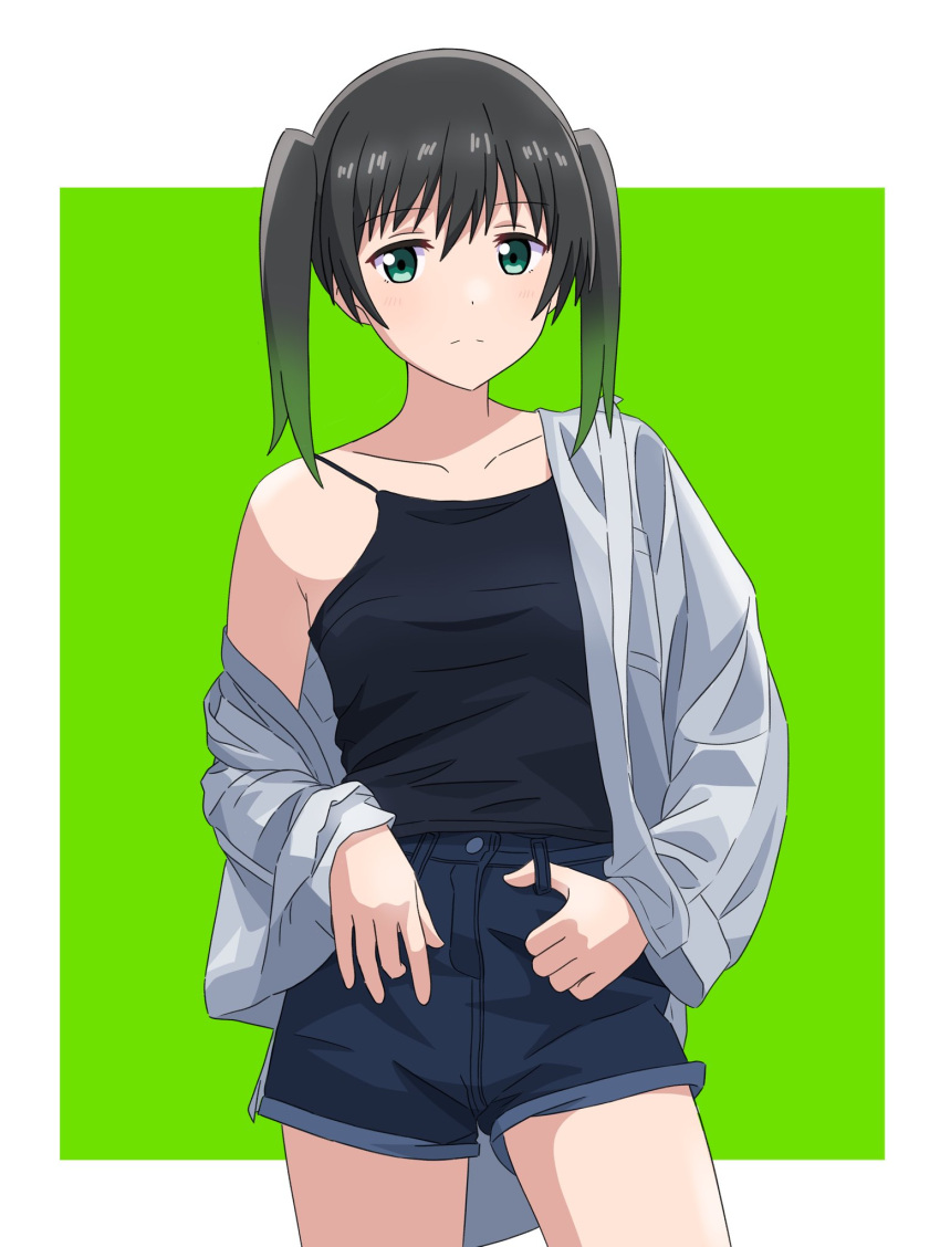 1girl bangs black_camisole black_hair blue_shorts camisole closed_mouth collarbone commentary_request gradient_hair green_eyes green_hair highres kousuke0912 long_sleeves looking_at_viewer love_live! love_live!_nijigasaki_high_school_idol_club multicolored_hair shirt short_shorts shorts sleeveless solo streaked_hair takasaki_yuu twintails two-tone_hair white_shirt