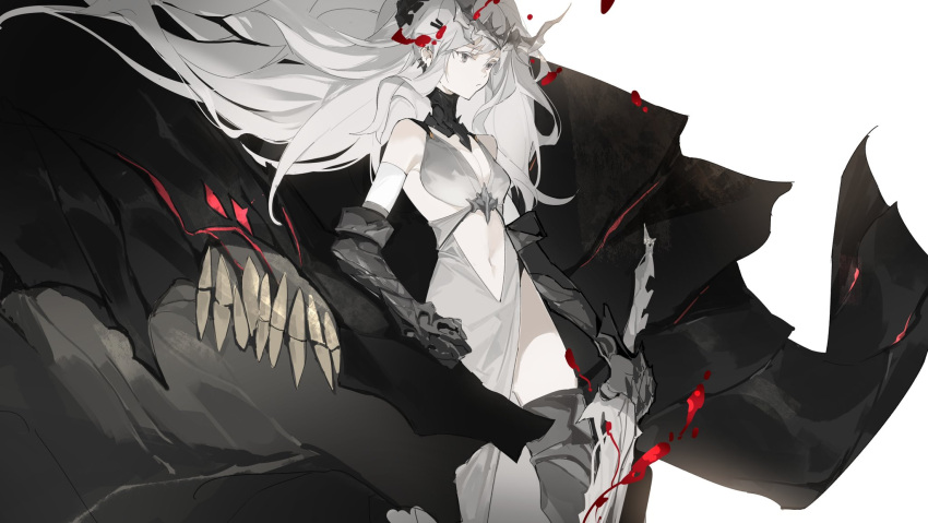1girl armor bare_shoulders blood breasts circlet cleavage clenched_hand closed_mouth clothing_cutout dress ear_piercing earrings extra_eyes floating gauntlets greaves grey_background grey_dress grey_eyes grey_hair hemokinesis highres holding holding_sword holding_weapon jewelry long_hair monster navel navel_cutout no_pupils original piercing red_eyes simple_background sword teeth very_long_hair viiiper weapon