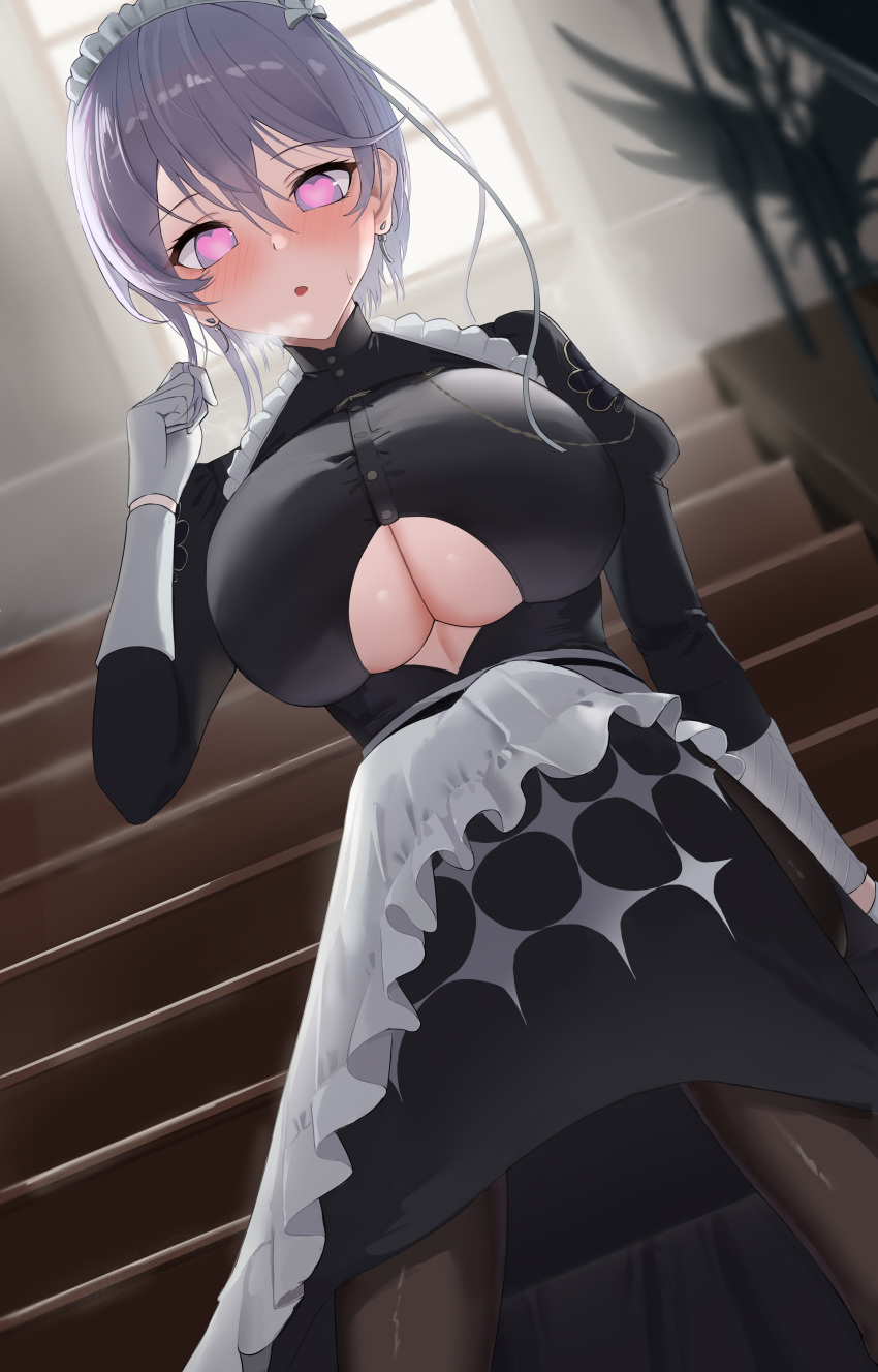 1girl absurdres apron azur_lane bellona_(armed_to_clean)_(azur_lane) bellona_(azur_lane) blush breasts chest_belt cleavage clothing_cutout commission cowboy_shot gloves hand_up heart heart-shaped_pupils highres juliet_sleeves large_breasts long_sleeves maid maid_apron maid_headdress official_alternate_costume pink_eyes pink_hair pixiv_commission puffy_sleeves rk_(cc15915r) short_hair sitting stairs symbol-shaped_pupils underboob underboob_cutout white_gloves