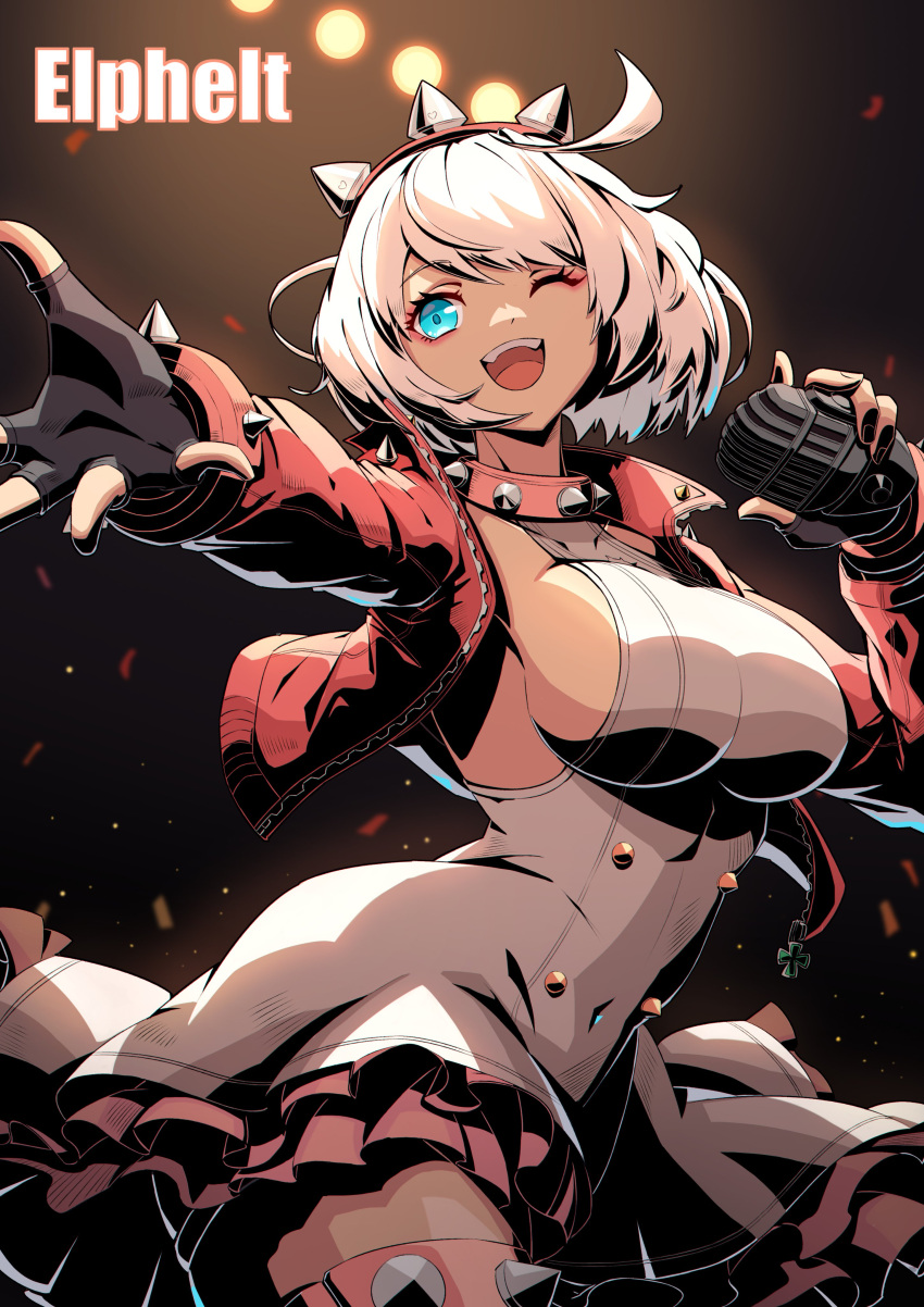 1girl absurdres ahoge aqua_eyes black_gloves blue_dress bracelet breasts collar confetti dress elphelt_valentine fingerless_gloves gloves guilty_gear guilty_gear_strive highres holding holding_microphone jewelry kumolin33 large_breasts microphone one_eye_closed open_mouth pink_bracelet pink_collar short_hair sideboob sleeveless sleeveless_dress solo spiked_bracelet spiked_collar spiked_hair spikes white_hair