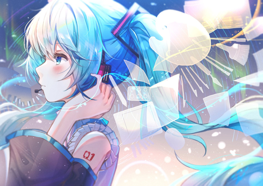 1girl bare_shoulders black_sleeves blue_eyes blue_hair blush collared_shirt detached_sleeves floating_hair from_side hair_between_eyes hands_on_headwear hatsune_miku hatsune_miku_happy_16th_birthday_-dear_creators- headset highres long_hair long_sleeves looking_ahead microphone namamake number_tattoo parted_lips portrait profile shirt sidelocks sleeveless sleeveless_shirt solo tattoo teeth twintails vocaloid white_shirt