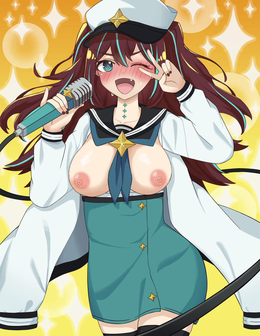 1girl @_@ absurdres akoya_matama black_sailor_collar black_thighhighs blue_neckerchief blush breasts brooch brown_hair cabbie_hat closed_mouth coat commentary fang green_eyes green_skirt hat hat_ornament high-waist_skirt highres holding holding_microphone jewelry large_breasts loco_musica long_hair long_sleeves looking_at_viewer magical_girl mahou_shoujo_ni_akogarete microphone miniskirt multicolored_hair neck_tattoo neckerchief nipples one_eye_closed open_clothes open_coat open_mouth pencil_skirt sailor_collar skirt smile solo sparkle standing star_(symbol) star_brooch star_hat_ornament streaked_hair sweatdrop tattoo thighhighs tina_(tina030) two_side_up v_over_eye white_coat white_headwear