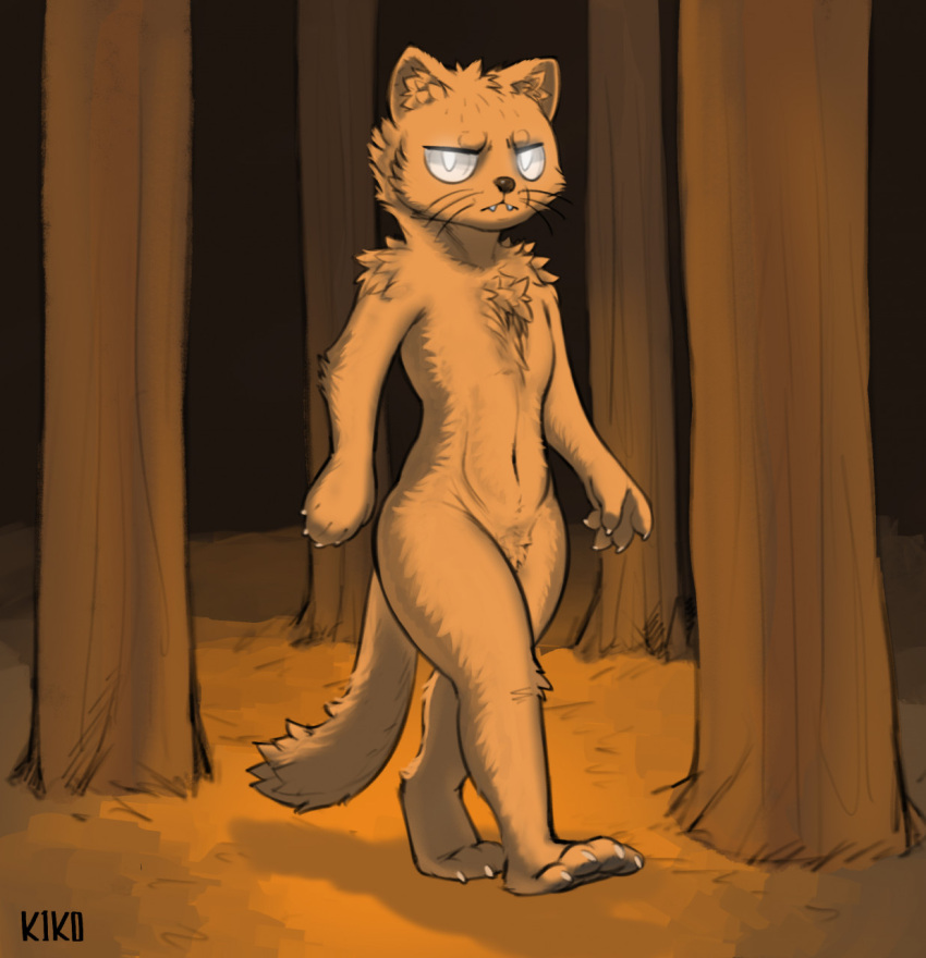 anthro anthrofied claws featureless_crotch fluffy glowing glowing_eyes hi_res inscryption k1ko looking_at_viewer male mammal mustela mustelid musteline navel nude pawpads plant solo stoat stoat_(inscryption) tree true_musteline