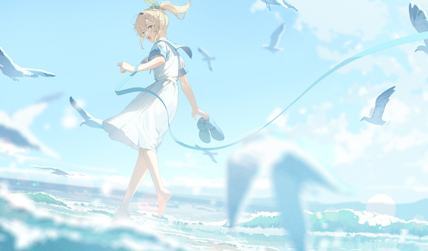 1girl bare_legs barefoot beach bird blonde_hair blue_eyes blue_sailor_collar blue_sky cloud cloudy_sky day dress from_behind hair_between_eyes hair_ornament hana_mori highres holding holding_shoes hololive horizon kazama_iroha leaf_hair_ornament long_hair looking_at_viewer looking_back ocean open_mouth outdoors ponytail ribbon sailor_collar sailor_dress sand seagull shoes short_sleeves sky smile solo splashing standing virtual_youtuber wading water waves white_dress wrist_ribbon