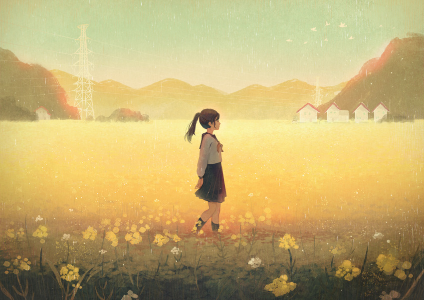 1girl bird black_skirt black_socks commentary day flower harucoro25 highres house long_hair long_sleeves neckerchief original outdoors ponytail power_lines profile scenery school_uniform skirt socks standing yellow_flower yellow_theme