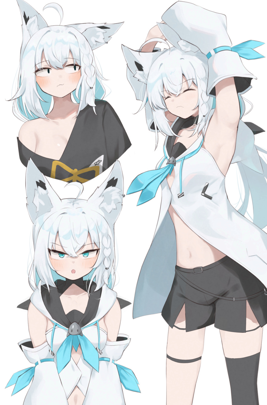 1girl ahoge animal_ear_fluff animal_ears aqua_eyes armpits arms_up bare_shoulders blush braid breasts cleavage closed_eyes collarbone detached_sleeves earrings fox_ears fox_girl fox_tail hair_between_eyes highres hololive jewelry long_hair low-tied_long_hair navel neckerchief open_mouth oversized_clothes shino2121 shirakami_fubuki shirt shorts single_braid single_thighhigh sleeveless solo t-shirt tail thigh_strap thighhighs virtual_youtuber white_background white_hair wide_sleeves