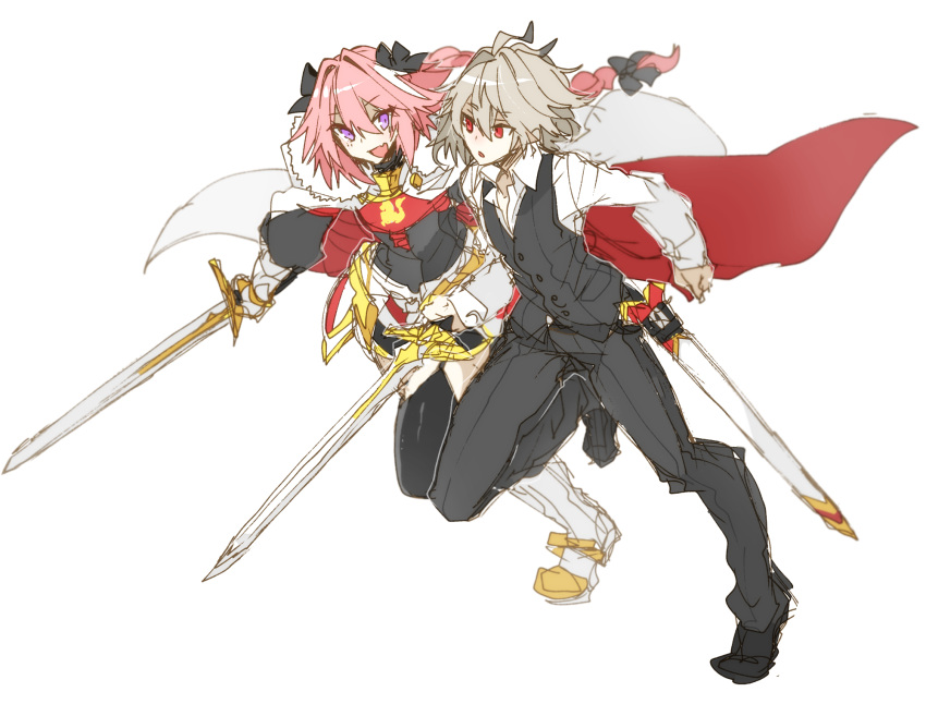 2boys ahoge armored_skirt astolfo_(fate) black_bow black_footwear black_pants black_shirt black_thighhighs black_vest boots bow braid buttons cape fang fate/apocrypha fate_(series) fur-trimmed_cape fur_trim garter_straps gauntlets grey_hair hair_between_eyes hair_bow hair_intakes haoro highres holding holding_sword holding_weapon light_blush long_braid long_hair male_focus multicolored_hair multiple_boys open_mouth otoko_no_ko pants partially_unbuttoned pink_hair purple_eyes red_eyes running scabbard sheath shirt short_hair side-by-side sieg_(fate) single_braid skin_fang smile standing standing_on_one_leg streaked_hair sword thighhighs two-sided_cape two-sided_fabric two-tone_hair unsheathed vest weapon white_cape white_footwear white_hair white_shirt