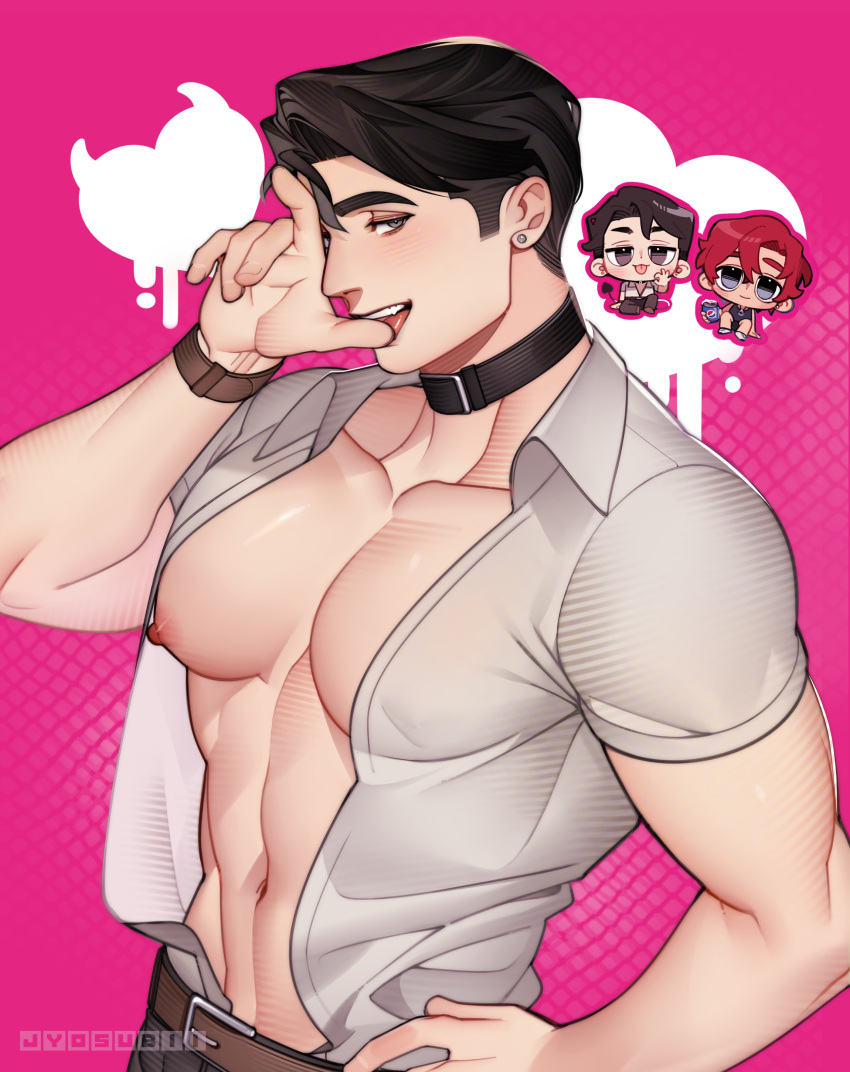 1boy 700hash abs absurdres animal_collar artist_name bara bare_pectorals belt black_hair black_pants blush brown_belt collar collared_shirt highres large_pectorals looking_at_viewer male_focus muscular muscular_male navel nipples open_clothes open_shirt original pants pectorals seductive_smile shirt short_hair smile tongue tongue_out watch white_shirt wristwatch