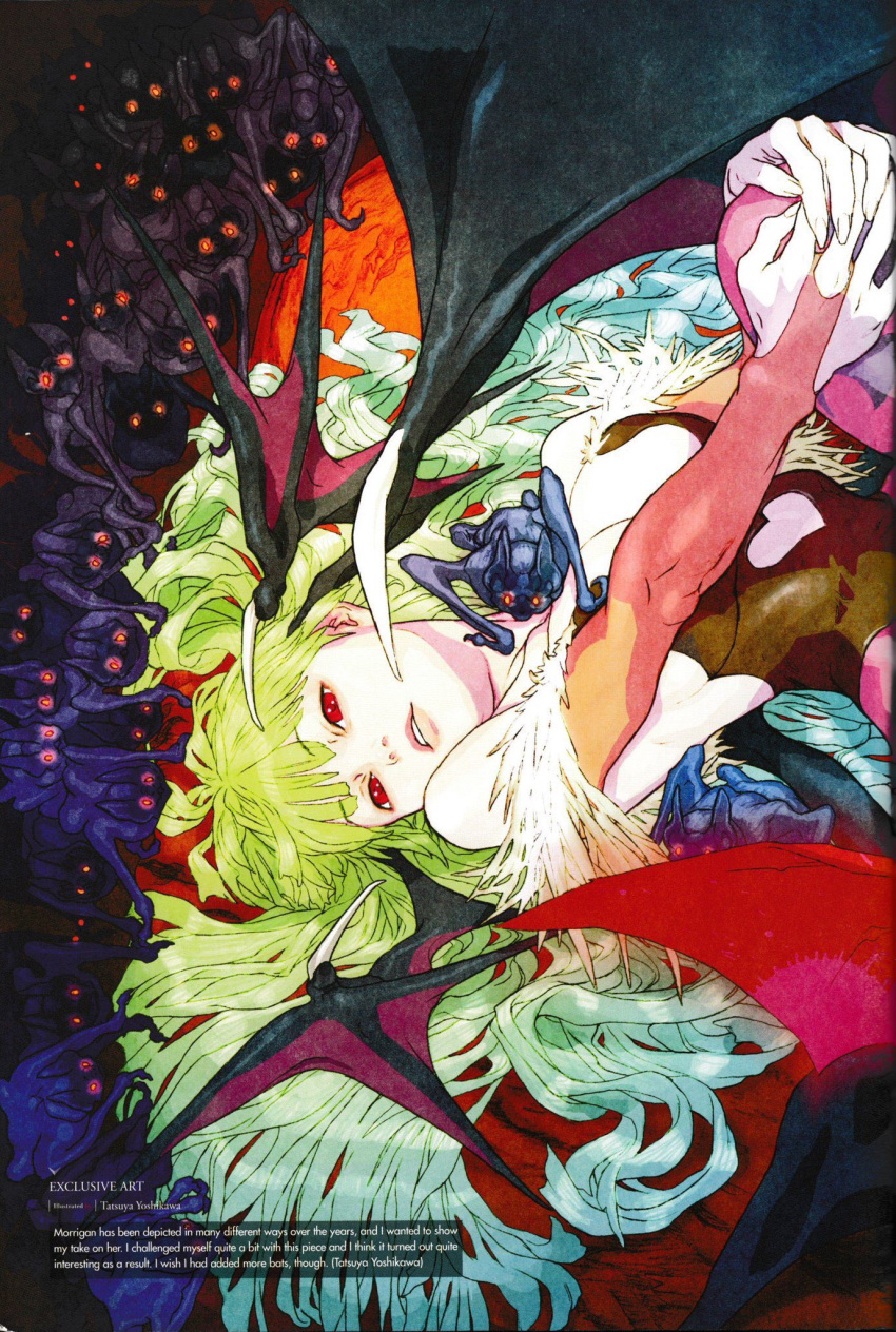 1girl bare_shoulders bat_(animal) black_leotard breasts bridal_gauntlets clothing_cutout fur-trimmed_leotard fur_trim green_hair head_wings heart_cutout highres leotard long_hair looking_at_viewer lying morrigan_aensland official_art parted_lips red_eyes second-party_source solo strapless strapless_leotard vampire_(game) wings yoshikawa_tatsuya