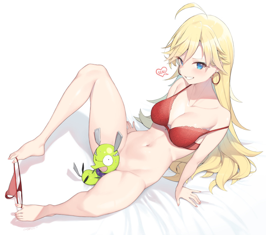 1girl absurdres ahoge bangs barefoot blonde_hair blue_eyes blush bra breasts chuck_(psg) cleavage cloba commentary dog feet grin highres large_breasts leaning_back long_hair looking_at_viewer navel panties panties_removed panty_&amp;_stocking_with_garterbelt panty_(psg) parted_lips red_bra sitting smile thighs toes underwear white_background