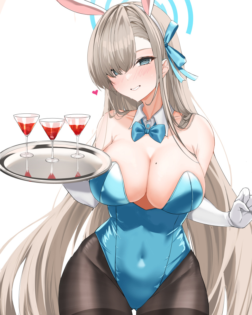 1girl absurdres animal_ears asuna_(blue_archive) asuna_(bunny)_(blue_archive) black_pantyhose blue_archive blue_eyes blue_leotard bow bowtie breasts cleavage cocktail_glass collar cup drinking_glass gloves grey_hair halo heart highres large_breasts leotard light_blush long_hair looking_at_viewer mikkom navel official_alternate_costume pantyhose playboy_bunny rabbit_ears simple_background skin_tight skindentation smile solo thigh_gap thighs tray tsurime white_background white_gloves