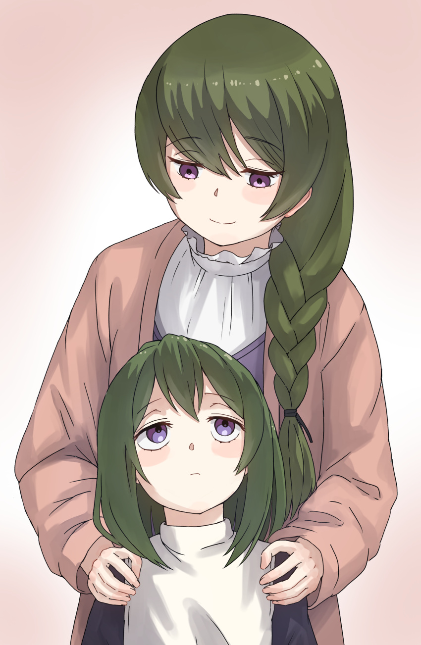 2girls blush_stickers braid brown_jacket commentary_request green_hair hands_on_another's_shoulders highres jacket long_hair long_sleeves looking_at_another looking_up medium_hair multiple_girls open_clothes open_jacket purple_eyes shirt siblings sisters smile sousou_no_frieren syagare ubel's_older_sister ubel_(sousou_no_frieren) upper_body white_shirt