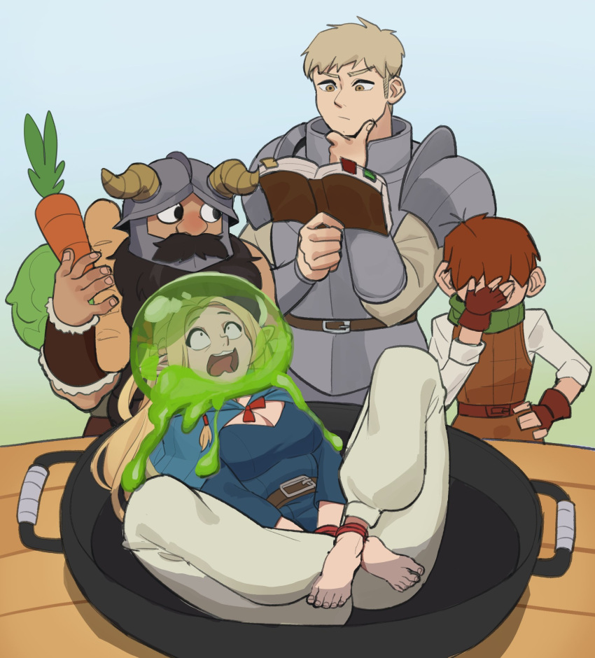 1girl 3boys armor barefoot belt blonde_hair book bound breasts brown_hair chilchuck_tims cleavage dungeon_meshi facepalm facial_hair food frying_pan hand_on_own_hip helmet highres holding holding_food horns hyyun_ho laios_touden long_hair marcille_donato multiple_boys mustache open_book open_mouth pants reading senshi_(dungeon_meshi) short_hair slime_(creature) thinking tied_up_(nonsexual) toes white_pants yellow_eyes