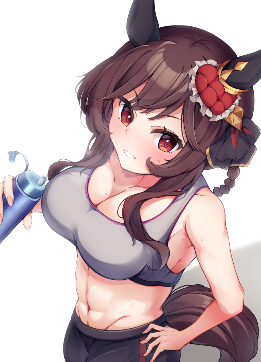 1girl abs absurdres alternate_costume animal_ears armpits blush bottle collarbone gentildonna_(umamusume) hair_rings heavy_breathing heisan777 highres horse_ears horse_girl horse_tail looking_at_viewer red_eyes shorts simple_background solo sports_bra sweat tail umamusume white_background