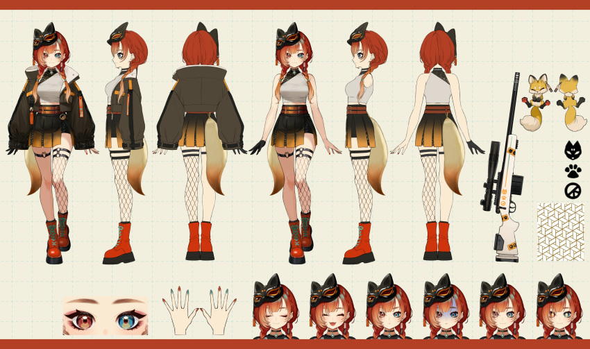 1girl absurdres black_jacket black_skirt braid brown_eyes brown_hair earrings fishnets fox fox_mask fox_tail green_eyes gun highres jacket jewelry mascot mask mikami_kon multicolored_eyes multiple_views pleated_skirt reference_sheet reject_(esports) rifle shirt shoes skirt sniper_rifle tail thighs twin_braids virtual_youtuber weapon white_shirt yuu_(higashi_no_penguin)