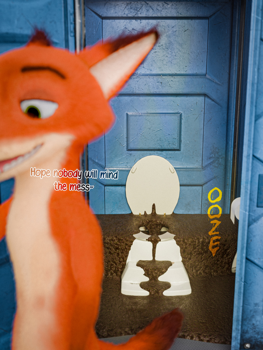 3d_(artwork) absurd_res anthro blender_(software) blender_cycles brown_body brown_eyebrows brown_fur canid canine dialogue digital_media_(artwork) digitigrade disney english_text eyebrows feces feces_everywhere feces_on_ground fox fur genitals green_eyes hi_res kenresek knot leaving male mammal nick_wilde onomatopoeia orange_body orange_fur penis pooping portapotty scat solo sound_effects tail text toilet_paper zootopia