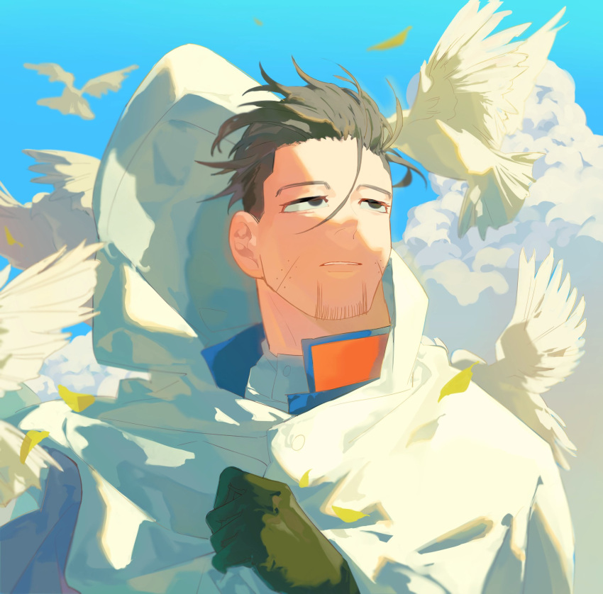 1boy bird black_eyes black_gloves black_hair blue_jacket cloak collared_jacket day ddamma_7 dove facial_hair falling_leaves gloves goatee golden_kamuy hair_slicked_back hand_up highres hood hood_down hooded_cloak jacket leaf looking_up male_focus ogata_hyakunosuke outdoors portrait solo undercut white_cloak