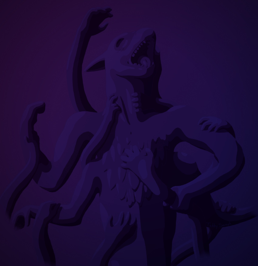 2018 4_arms 5_fingers anthro arm_grab bald biped black_and_purple cel_shading chest_tuft digital_drawing_(artwork) digital_media_(artwork) disembodied_hand ears_back eyeless fingers front_view fur fur_tuft gradient_background group half-length_portrait hands_everywhere hi_res humanoid_hands male monochrome multi_arm multi_limb neck_grab nonbinary_(lore) nude open_mouth pivoted_ears portrait purple_monochrome shaded simple_background snout solo_focus standing tabbyseraph tetrami_(tabbyseraph) tuft unknown_species